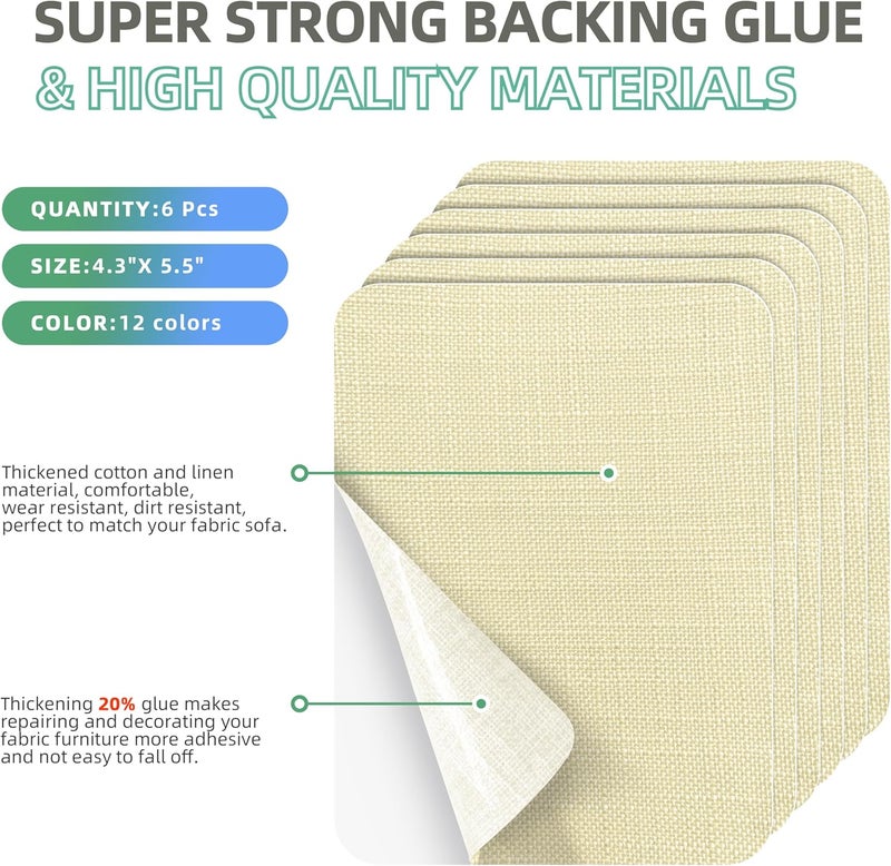 Azobur Coarse Linen Repair Patches, 6 Piece Self-Adhesive Linen Fabric Patches, Multi Color, Can be Used for Linen Sofa Repair and Linen Clothes Repair, Quick Fix Sofa.(Cream-Yellow) - Image 2